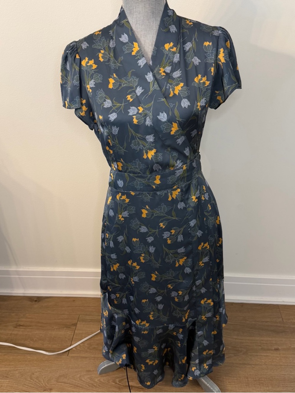 JoFlower Margaret Floral Wrap Midi Dress in Slate Blue and Yellow, S